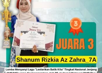 Shanum Rizkia Az Zahra MTsN Gresik Raih Juara 3 Nasional Lomba Menyanyi “Lestarikan Batik Kita”