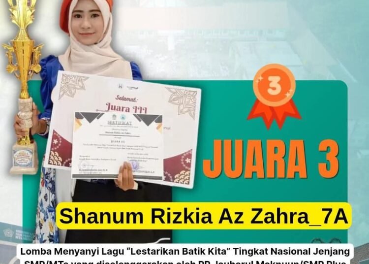 Shanum Rizkia Az Zahra MTsN Gresik Raih Juara 3 Nasional Lomba Menyanyi “Lestarikan Batik Kita”